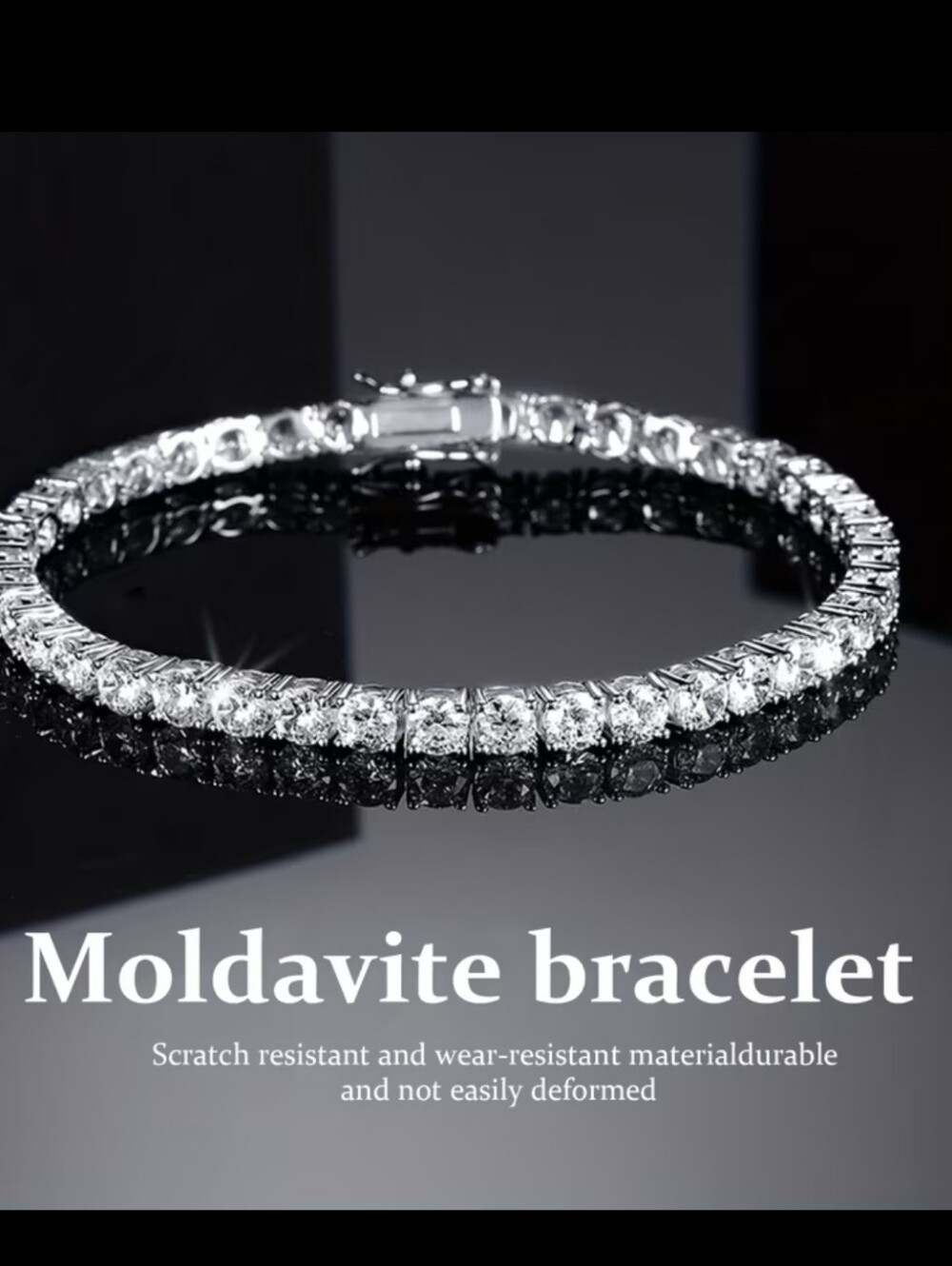 #34 8in Moldavite Bracelet - Silver  Moissanite Tennis Bracelet